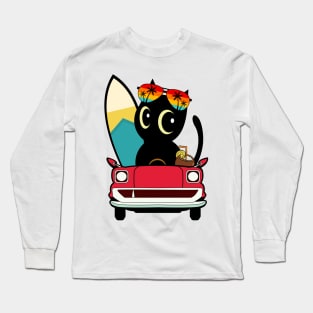 Surfer black cat driving to the beach Long Sleeve T-Shirt